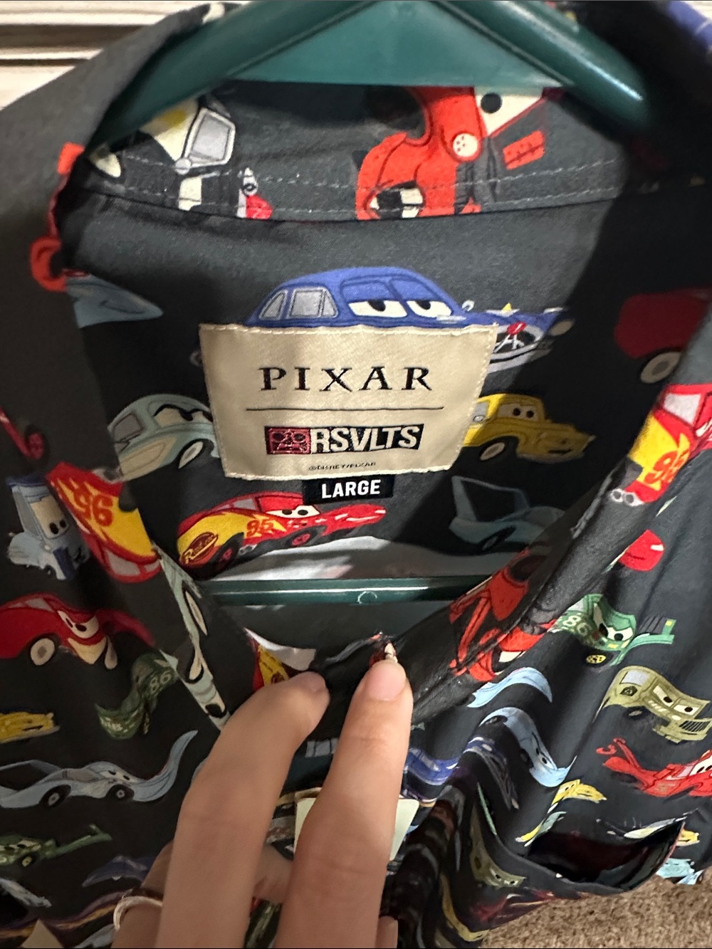 NWT RSVLTS Black Short-Sleeve Button Shirt with Multicolor Car Print Size Large - Picture 3 of 4